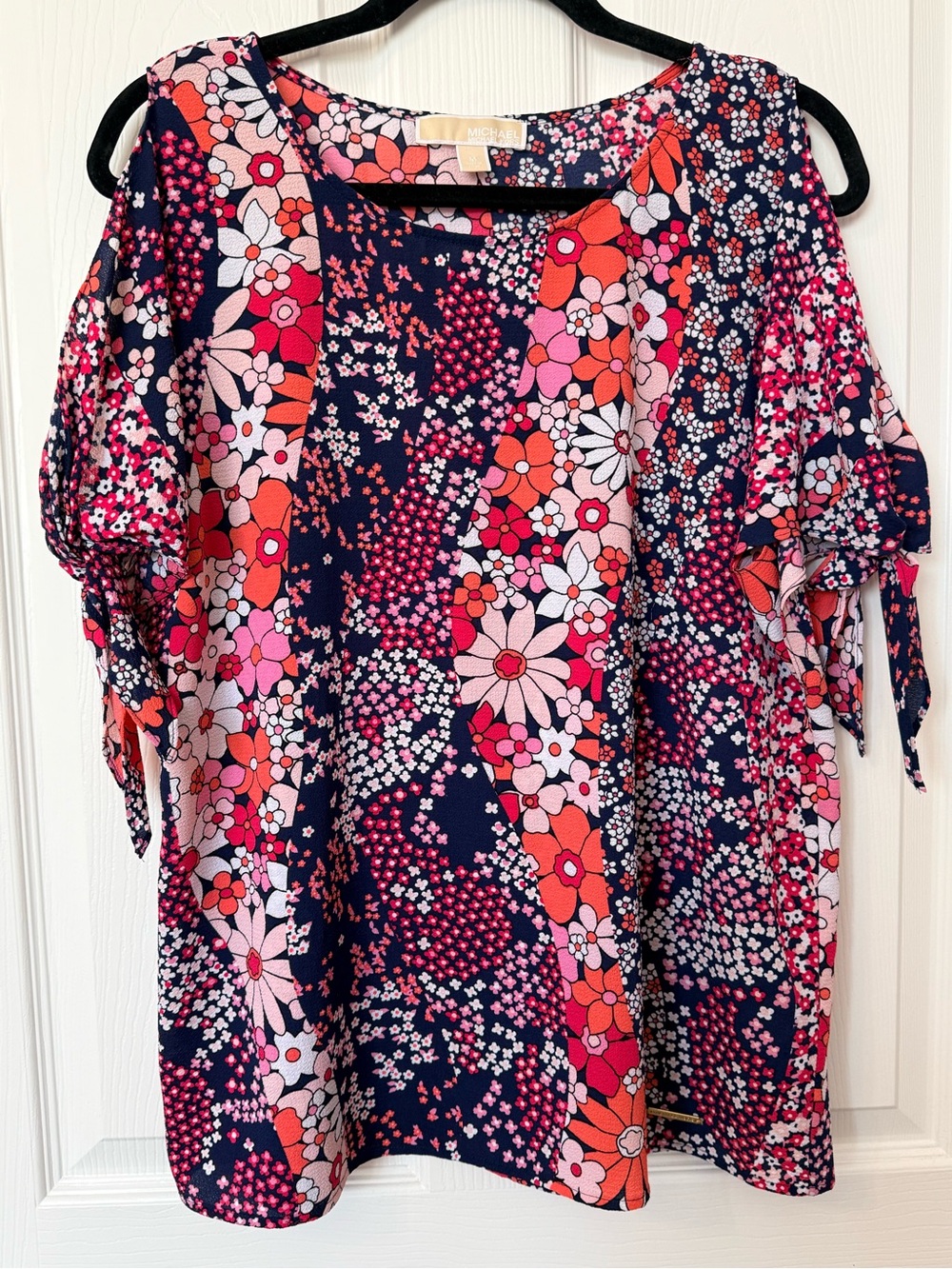 Michael Kors Navy Floral Tie-Sleeve Blouse with Pink & Coral Accents